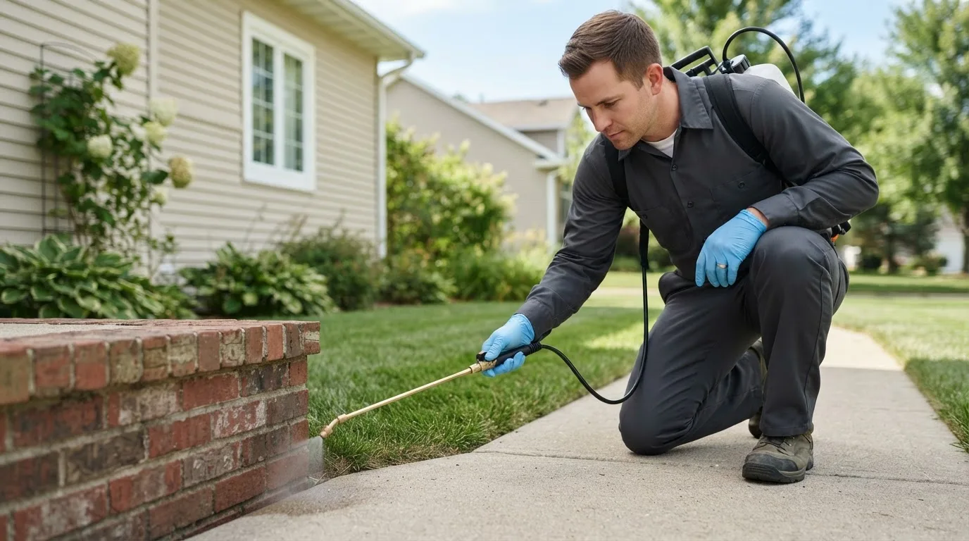 Pest control technician treating a home near Yorktown, IA