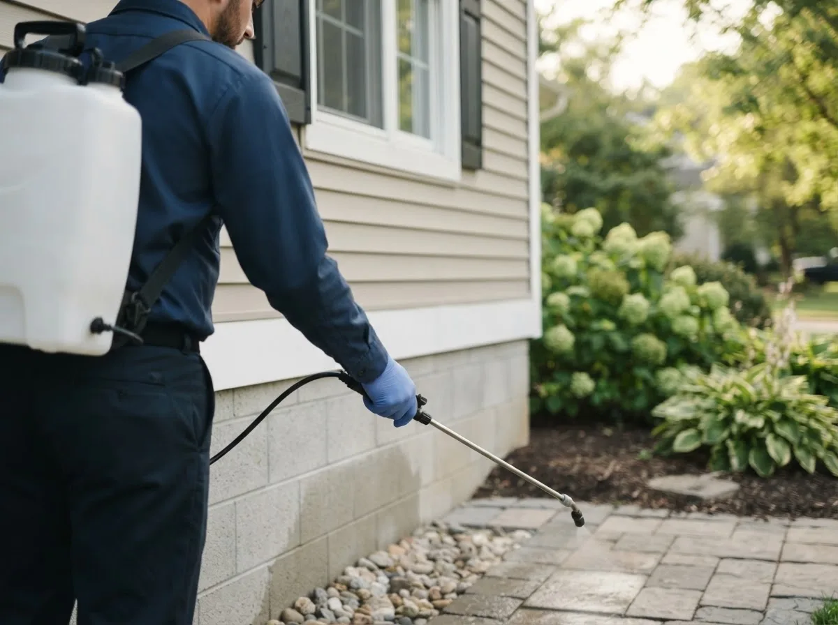 Pest control technician inspecting a home in Yorktown, IA